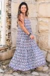 Womens, maxi, Sabine Dress, adjustable spaghetti straps, tiered, with belt. 100% Cotton, hand block print. Saphire Blue - Saphira