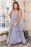 Womens, maxi, Sabine Dress, adjustable spaghetti straps, tiered, with belt. 100% Cotton, hand block print. Saphire Blue - Saphira