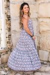 Womens, maxi, Sabine Dress, adjustable spaghetti straps, tiered, with belt. 100% Cotton, hand block print. Saphire Blue - Saphira