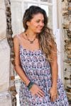 Womens, maxi, Sabine Dress, adjustable spaghetti straps, tiered, with belt. 100% Cotton, hand block print. Saphire Blue - Saphira