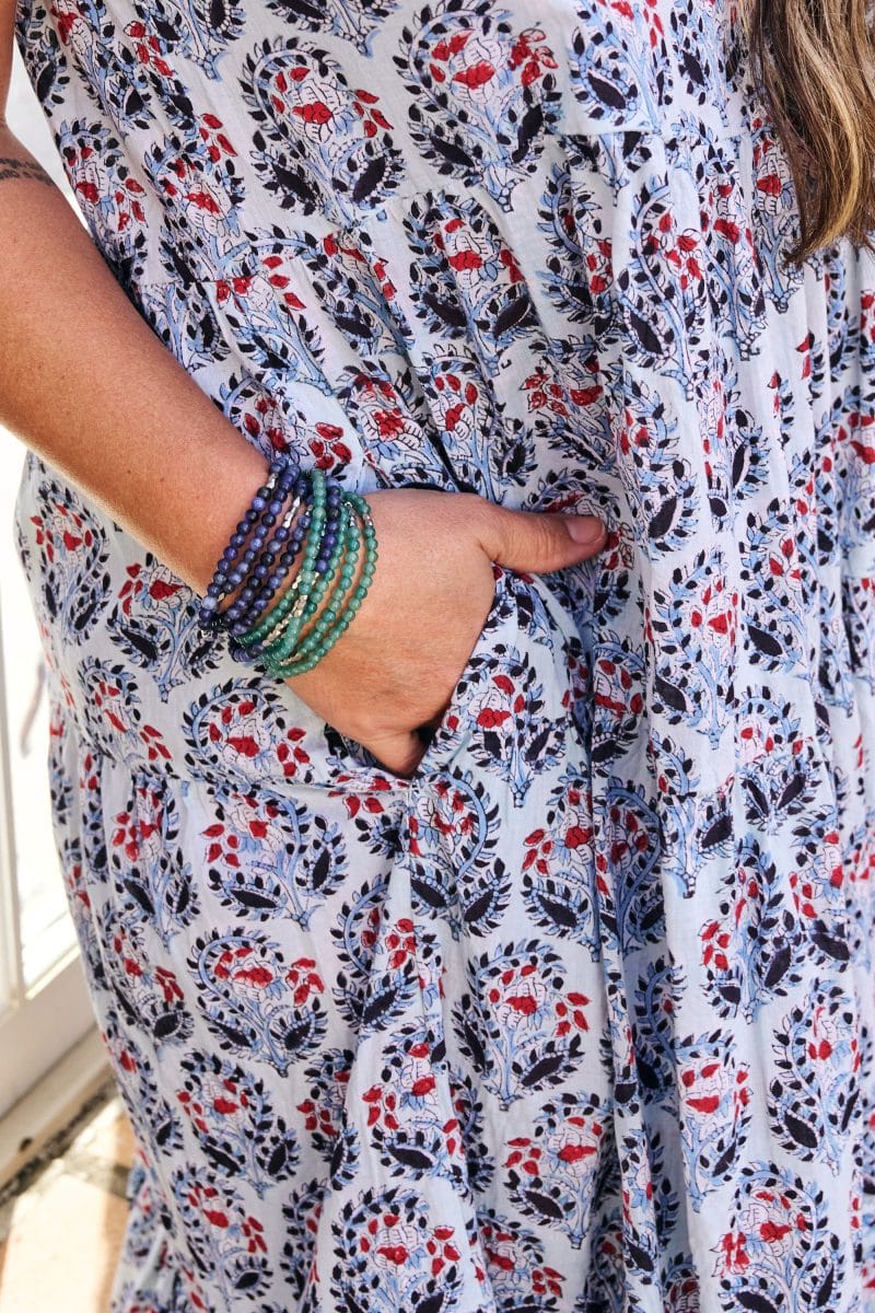 Womens, maxi, Sabine Dress, adjustable spaghetti straps, tiered, with belt. 100% Cotton, hand block print. Saphire Blue - Saphira