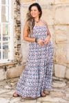 Womens, maxi, Sabine Dress, adjustable spaghetti straps, tiered, with belt. 100% Cotton, hand block print. Saphire Blue - Saphira