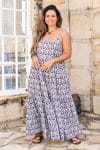 Womens, maxi, Sabine Dress, adjustable spaghetti straps, tiered, with belt. 100% Cotton, hand block print. Saphire Blue - Saphira