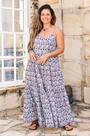 Womens, maxi, Sabine Dress, adjustable spaghetti straps, tiered, with belt. 100% Cotton, hand block print. Saphire Blue - Saphira