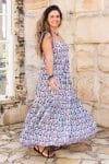 Womens, maxi, Sabine Dress, adjustable spaghetti straps, tiered, with belt. 100% Cotton, hand block print. Saphire Blue - Saphira