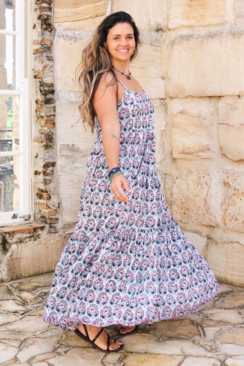 Womens, maxi, Sabine Dress, adjustable spaghetti straps, tiered, with belt. 100% Cotton, hand block print. Saphire Blue - Saphira