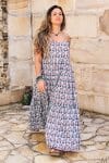 Womens, maxi, Sabine Dress, adjustable spaghetti straps, tiered, with belt. 100% Cotton, hand block print. Saphire Blue - Saphira