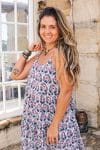 Womens, maxi, Sabine Dress, adjustable spaghetti straps, tiered, with belt. 100% Cotton, hand block print. Saphire Blue - Saphira