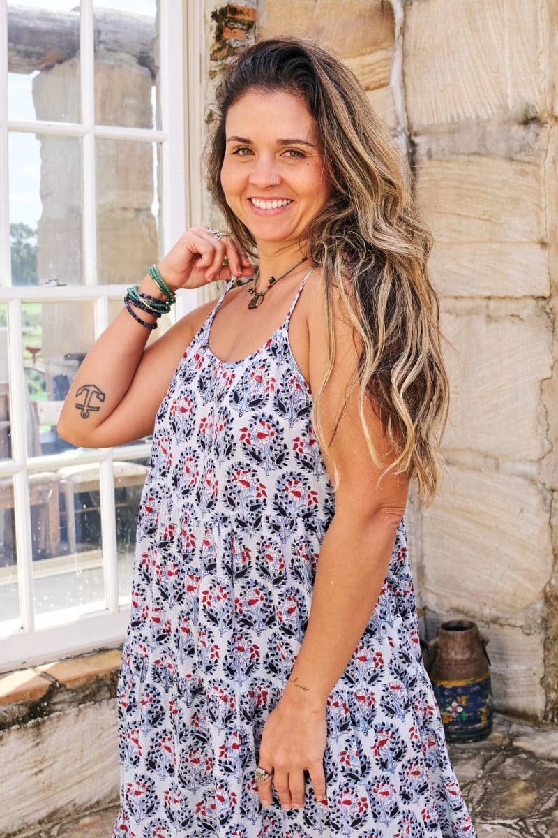 Womens, maxi, Sabine Dress, adjustable spaghetti straps, tiered, with belt. 100% Cotton, hand block print. Saphire Blue - Saphira