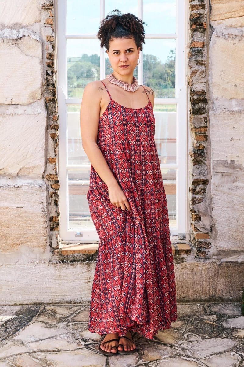 Womens, maxi, Sabine Dress, adjustable spaghetti straps, tiered, with belt. 100% Cotton, hand block print. Aztec Red - Tavira