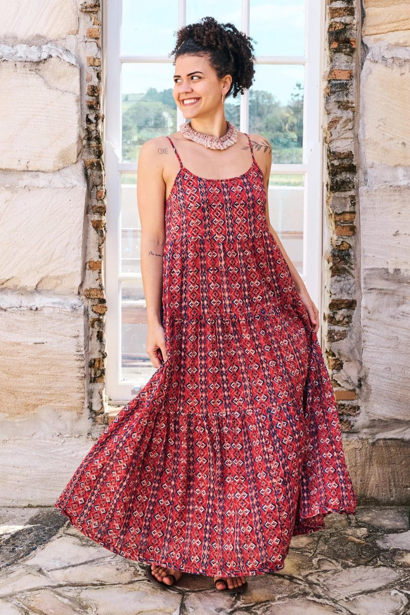 Womens, maxi, Sabine Dress, adjustable spaghetti straps, tiered, with belt. 100% Cotton, hand block print. Aztec Red - Tavira