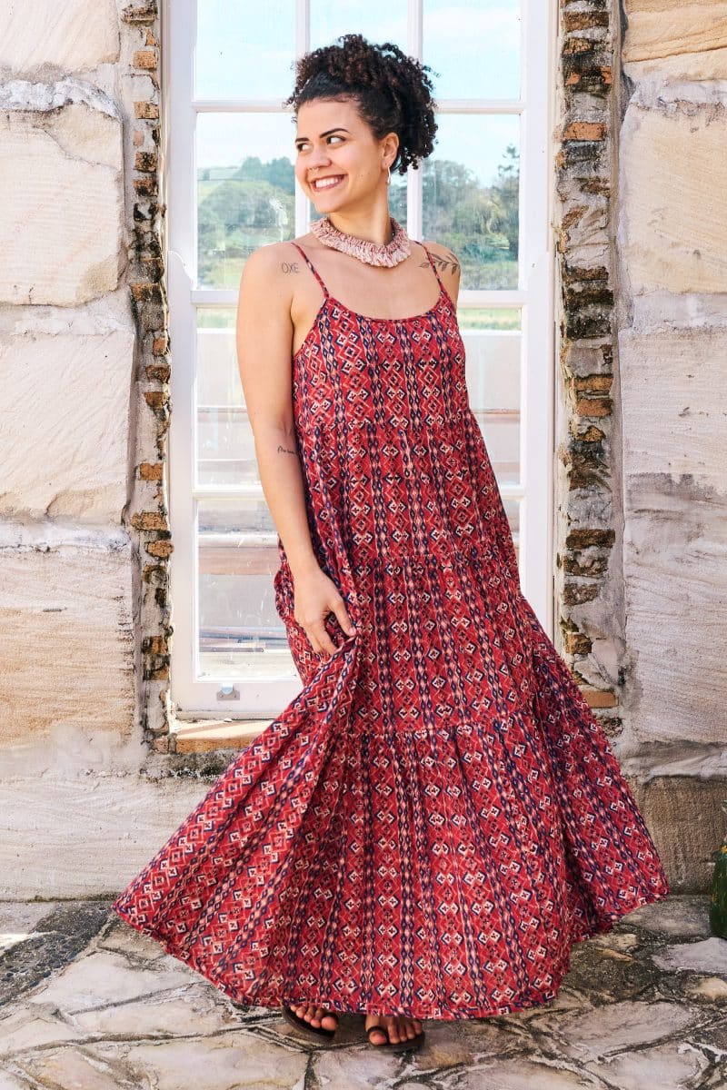 Womens, maxi, Sabine Dress, adjustable spaghetti straps, tiered, with belt. 100% Cotton, hand block print. Aztec Red - Tavira