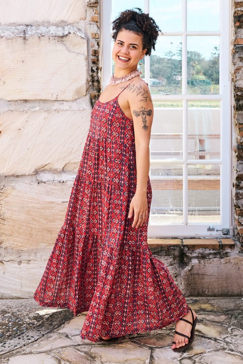 Womens, maxi, Sabine Dress, adjustable spaghetti straps, tiered, with belt. 100% Cotton, hand block print. Aztec Red - Tavira