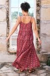 Womens, maxi, Sabine Dress, adjustable spaghetti straps, tiered, with belt. 100% Cotton, hand block print. Aztec Red - Tavira
