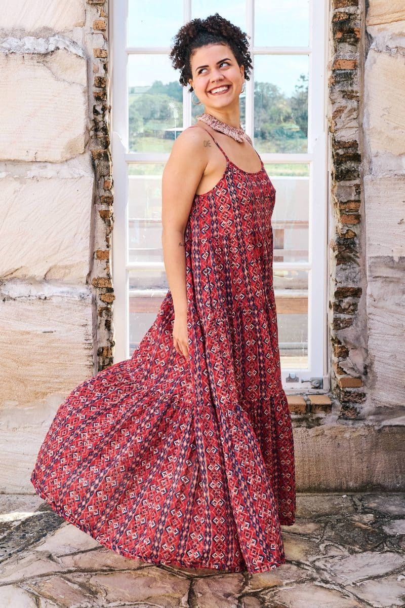 Womens, maxi, Sabine Dress, adjustable spaghetti straps, tiered, with belt. 100% Cotton, hand block print. Aztec Red - Tavira