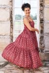 Womens, maxi, Sabine Dress, adjustable spaghetti straps, tiered, with belt. 100% Cotton, hand block print. Aztec Red - Tavira