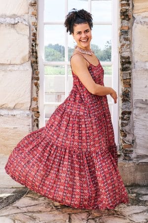 Womens, maxi, Sabine Dress, adjustable spaghetti straps, tiered, with belt. 100% Cotton, hand block print. Aztec Red - Tavira