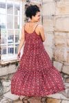 Womens, maxi, Sabine Dress, adjustable spaghetti straps, tiered, with belt. 100% Cotton, hand block print. Aztec Red - Tavira