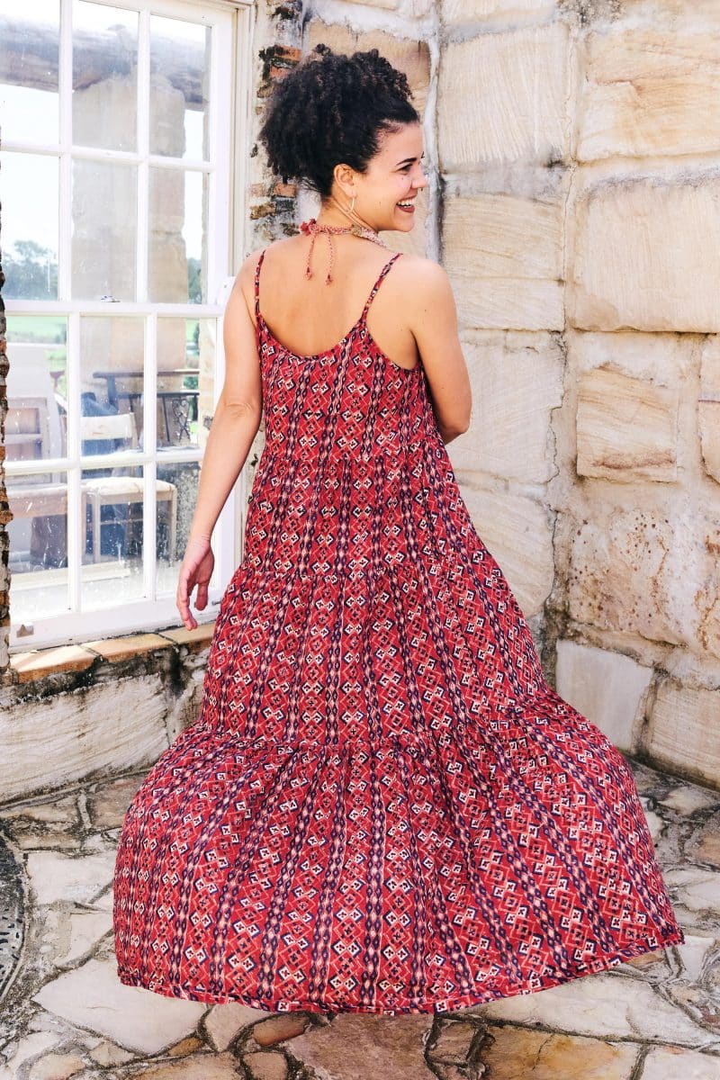 Womens, maxi, Sabine Dress, adjustable spaghetti straps, tiered, with belt. 100% Cotton, hand block print. Aztec Red - Tavira