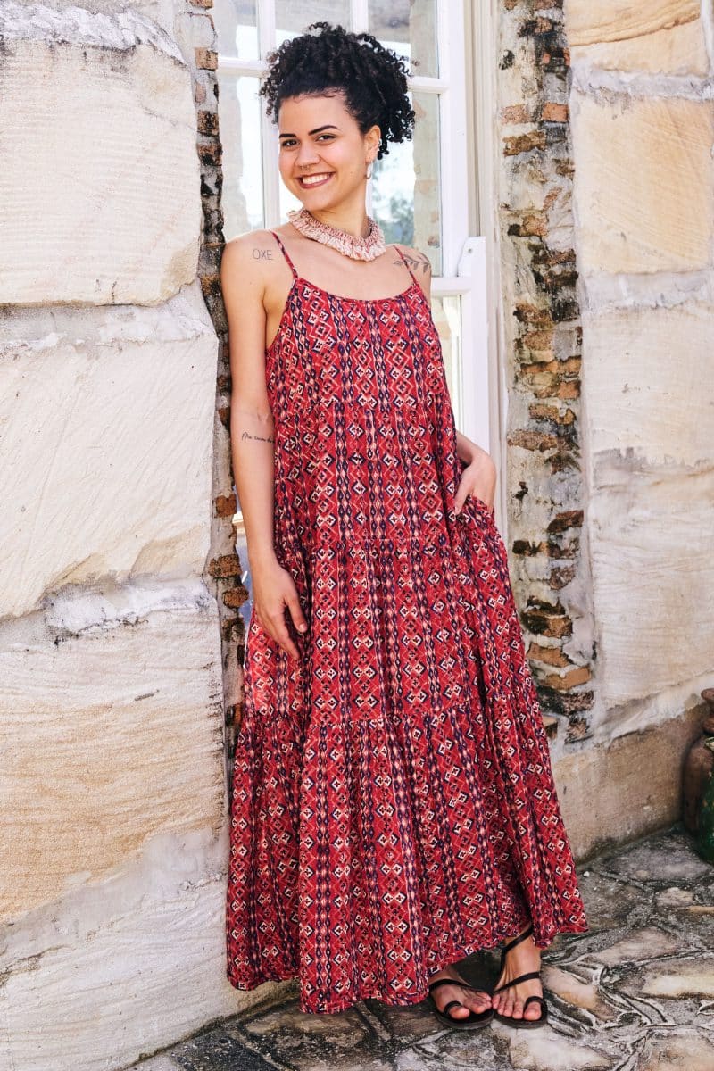 Womens, maxi, Sabine Dress, adjustable spaghetti straps, tiered, with belt. 100% Cotton, hand block print. Aztec Red - Tavira