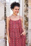 Womens, maxi, Sabine Dress, adjustable spaghetti straps, tiered, with belt. 100% Cotton, hand block print. Aztec Red - Tavira