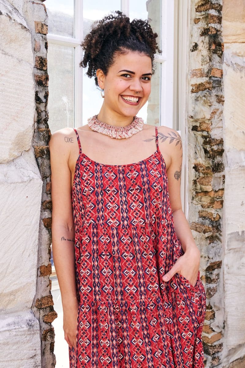 Womens, maxi, Sabine Dress, adjustable spaghetti straps, tiered, with belt. 100% Cotton, hand block print. Aztec Red - Tavira