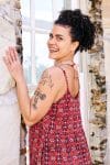 Womens, maxi, Sabine Dress, adjustable spaghetti straps, tiered, with belt. 100% Cotton, hand block print. Aztec Red - Tavira