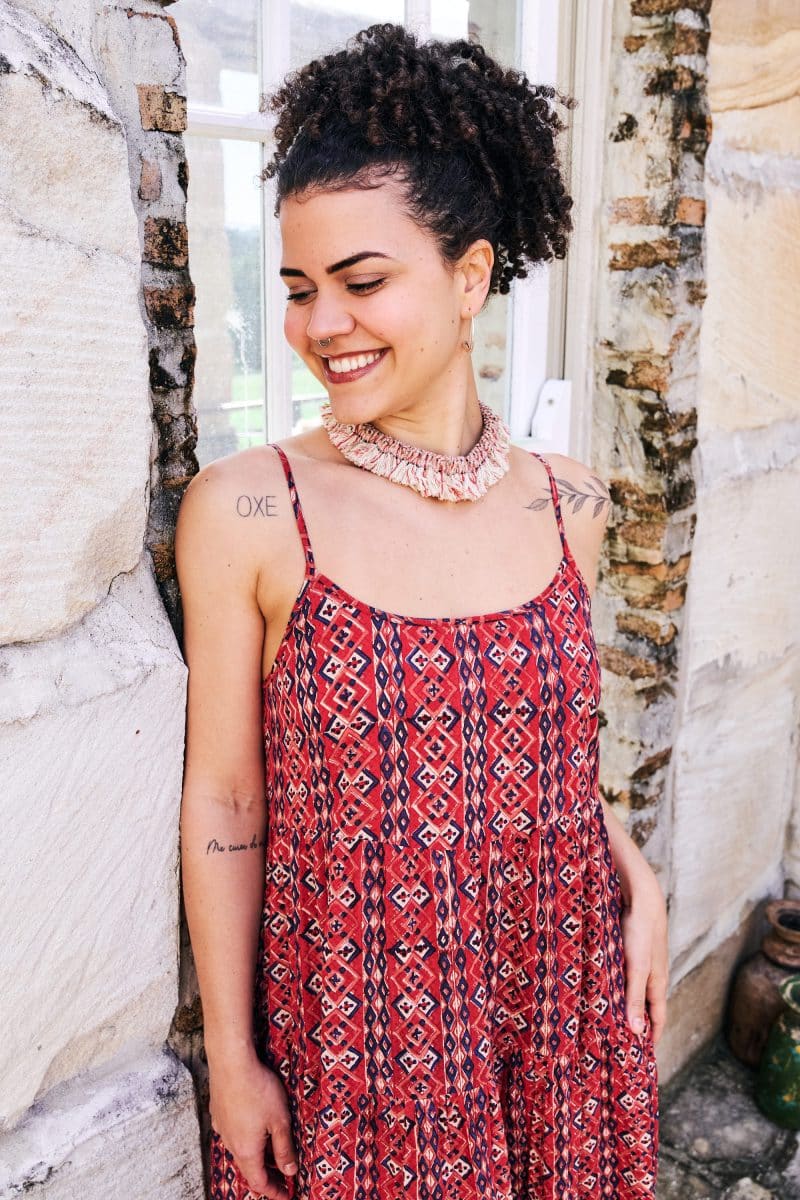 Womens, maxi, Sabine Dress, adjustable spaghetti straps, tiered, with belt. 100% Cotton, hand block print. Aztec Red - Tavira