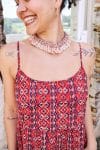 Womens, maxi, Sabine Dress, adjustable spaghetti straps, tiered, with belt. 100% Cotton, hand block print. Aztec Red - Tavira