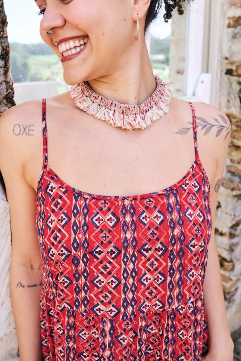 Womens, maxi, Sabine Dress, adjustable spaghetti straps, tiered, with belt. 100% Cotton, hand block print. Aztec Red - Tavira