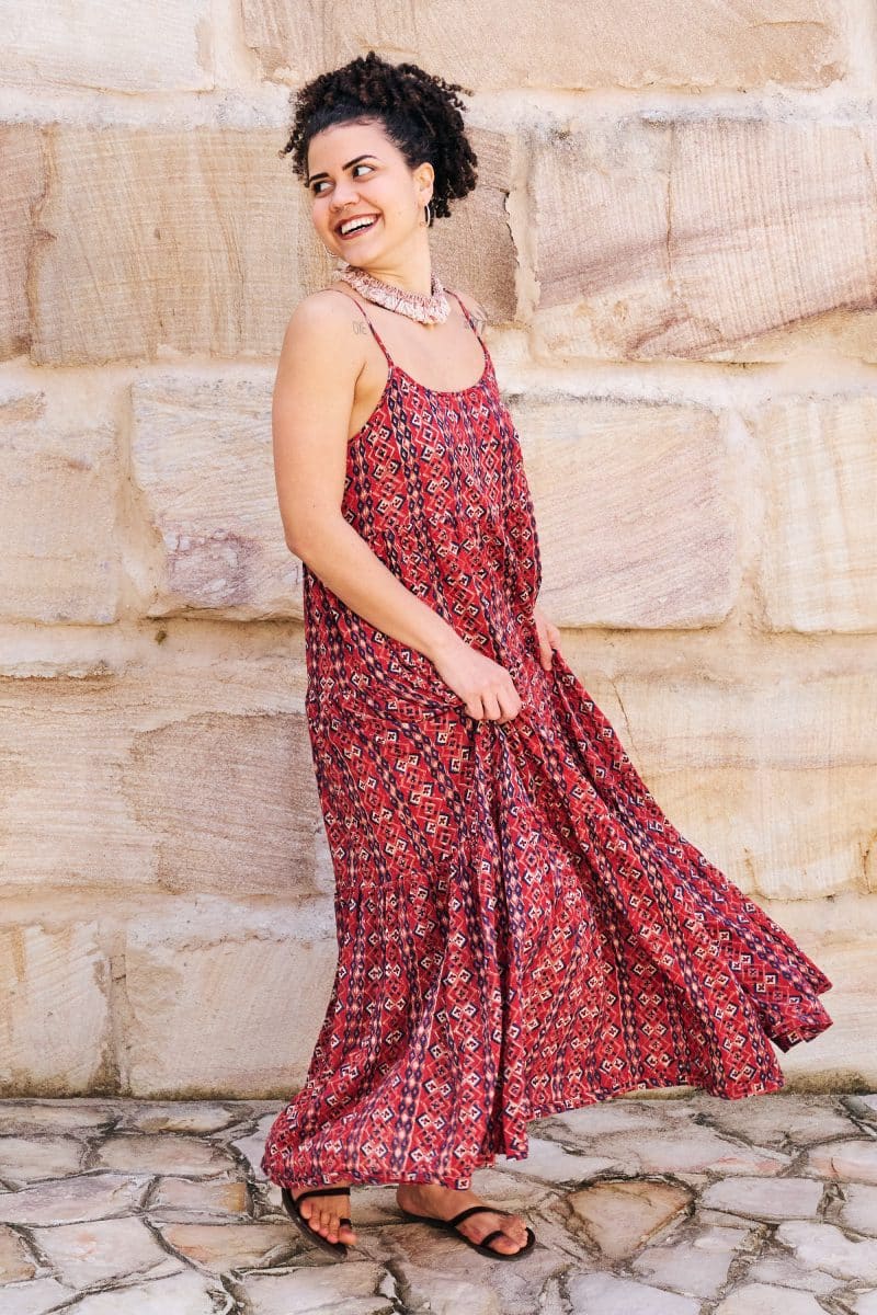 Womens, maxi, Sabine Dress, adjustable spaghetti straps, tiered, with belt. 100% Cotton, hand block print. Aztec Red - Tavira