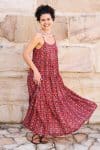 Womens, maxi, Sabine Dress, adjustable spaghetti straps, tiered, with belt. 100% Cotton, hand block print. Aztec Red - Tavira