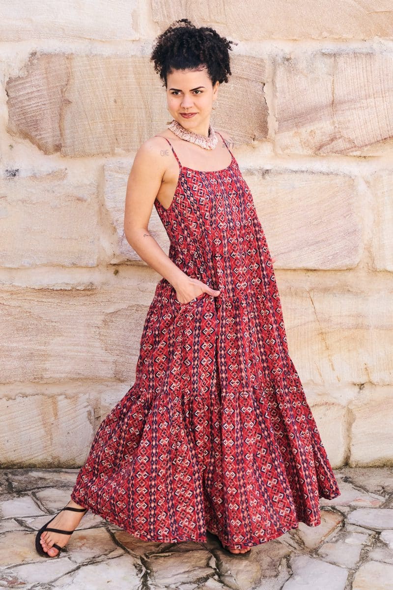Womens, maxi, Sabine Dress, adjustable spaghetti straps, tiered, with belt. 100% Cotton, hand block print. Aztec Red - Tavira