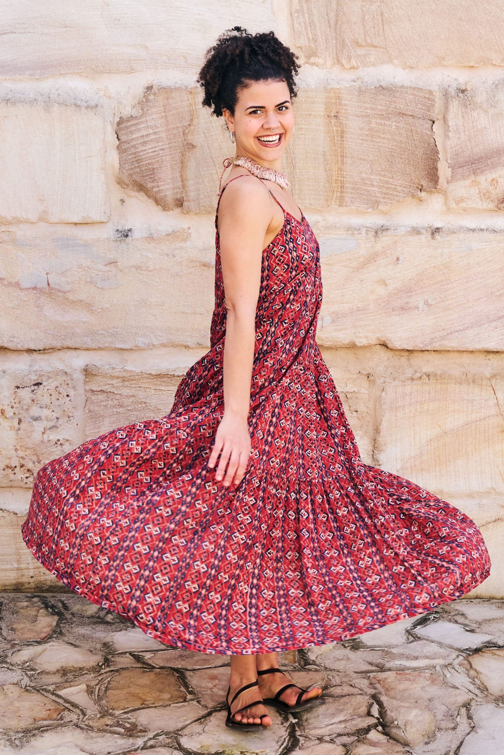 Womens, maxi, Sabine Dress, adjustable spaghetti straps, tiered, with belt. 100% Cotton, hand block print. Aztec Red - Tavira