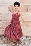 Womens, maxi, Sabine Dress, adjustable spaghetti straps, tiered, with belt. 100% Cotton, hand block print. Aztec Red - Tavira