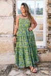 Womens, maxi, Sabine Dress, adjustable spaghetti straps, tiered, with belt. 100% Cotton, hand block print. Summer Green - Verde