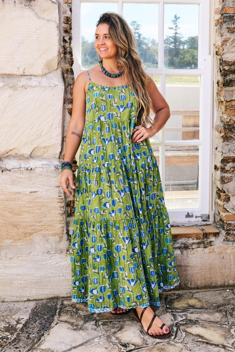 Womens, maxi, Sabine Dress, adjustable spaghetti straps, tiered, with belt. 100% Cotton, hand block print. Summer Green - Verde