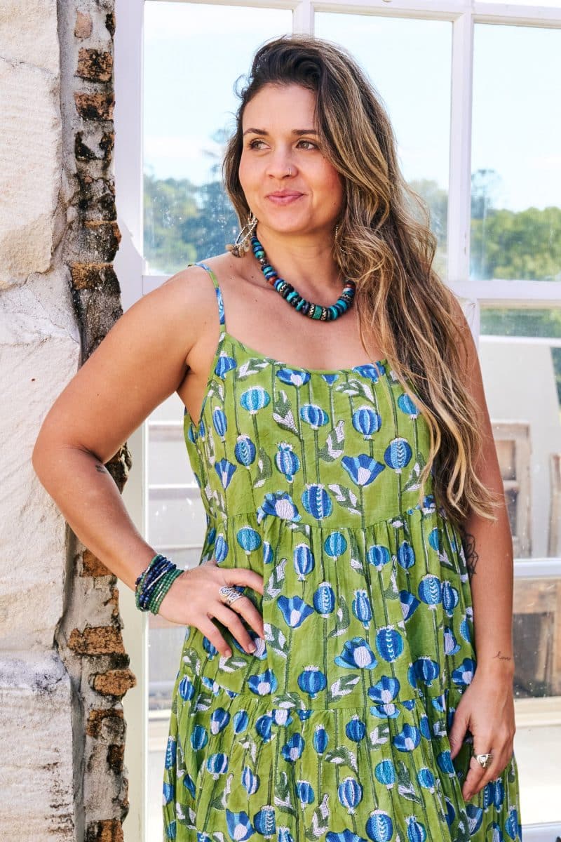 Womens, maxi, Sabine Dress, adjustable spaghetti straps, tiered, with belt. 100% Cotton, hand block print. Summer Green - Verde