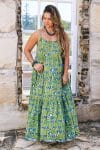 Womens, maxi, Sabine Dress, adjustable spaghetti straps, tiered, with belt. 100% Cotton, hand block print. Summer Green - Verde