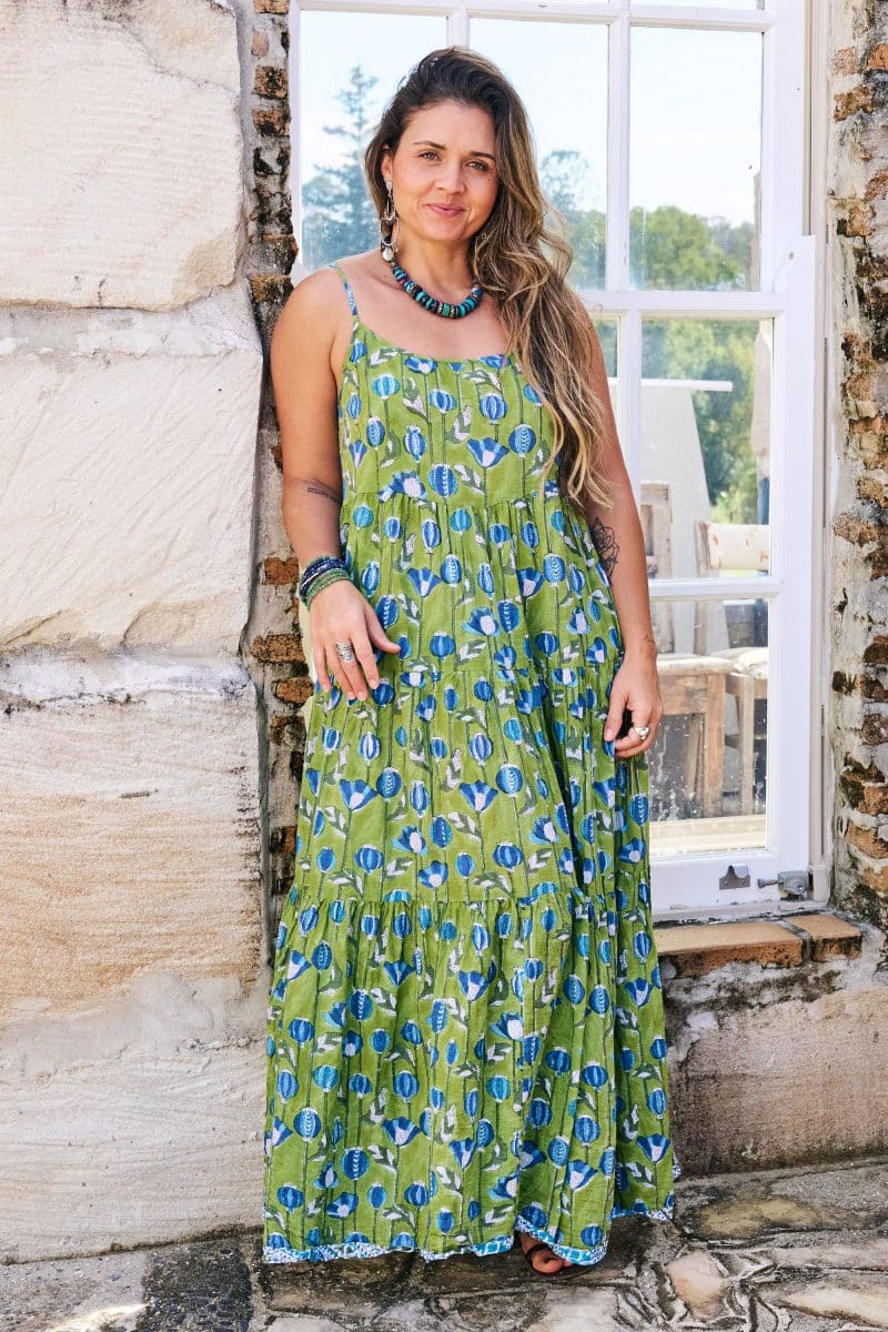 Womens, maxi, Sabine Dress, adjustable spaghetti straps, tiered, with belt. 100% Cotton, hand block print. Summer Green - Verde