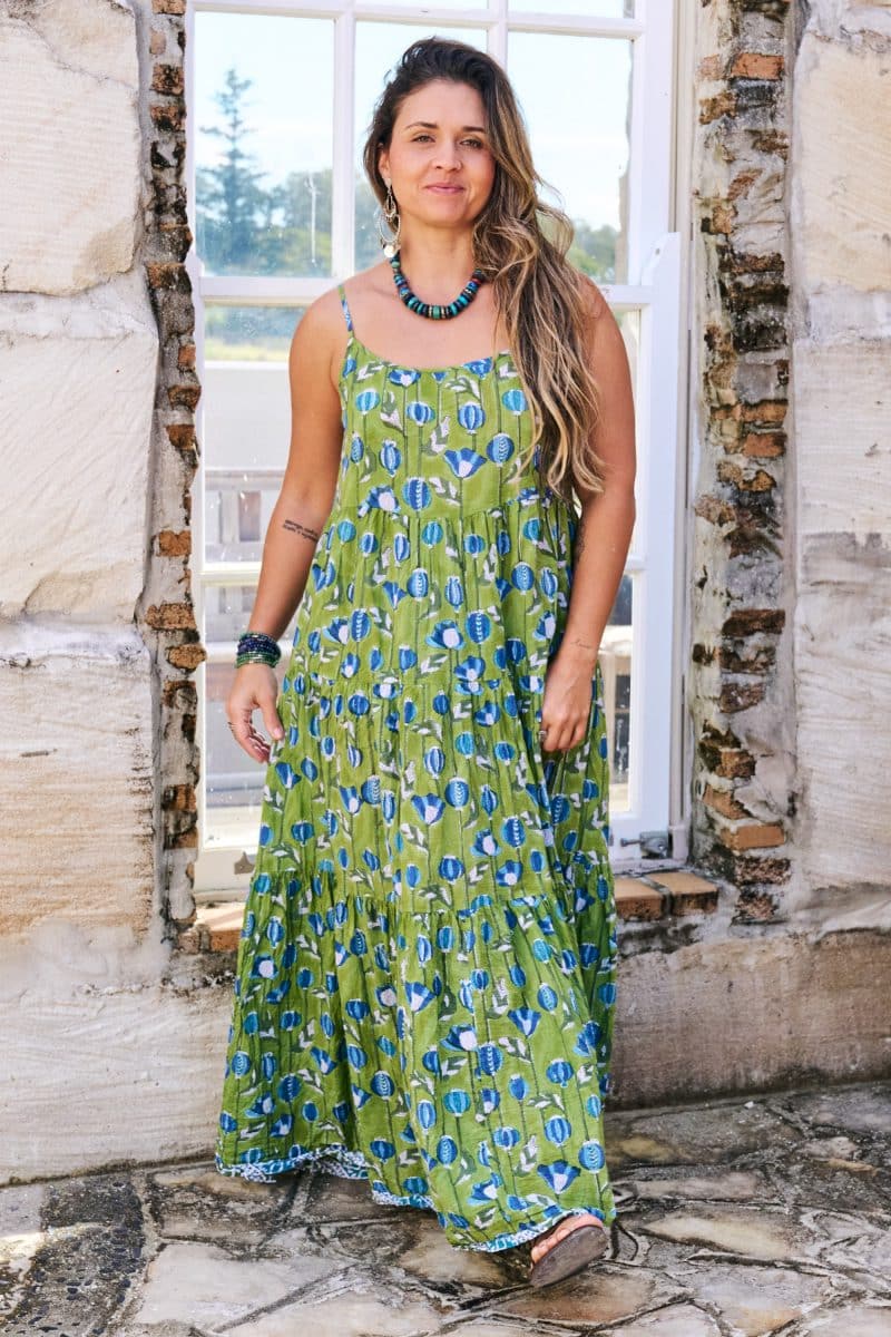 Womens, maxi, Sabine Dress, adjustable spaghetti straps, tiered, with belt. 100% Cotton, hand block print. Summer Green - Verde