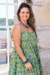 Womens, maxi, Sabine Dress, adjustable spaghetti straps, tiered, with belt. 100% Cotton, hand block print. Summer Green - Verde