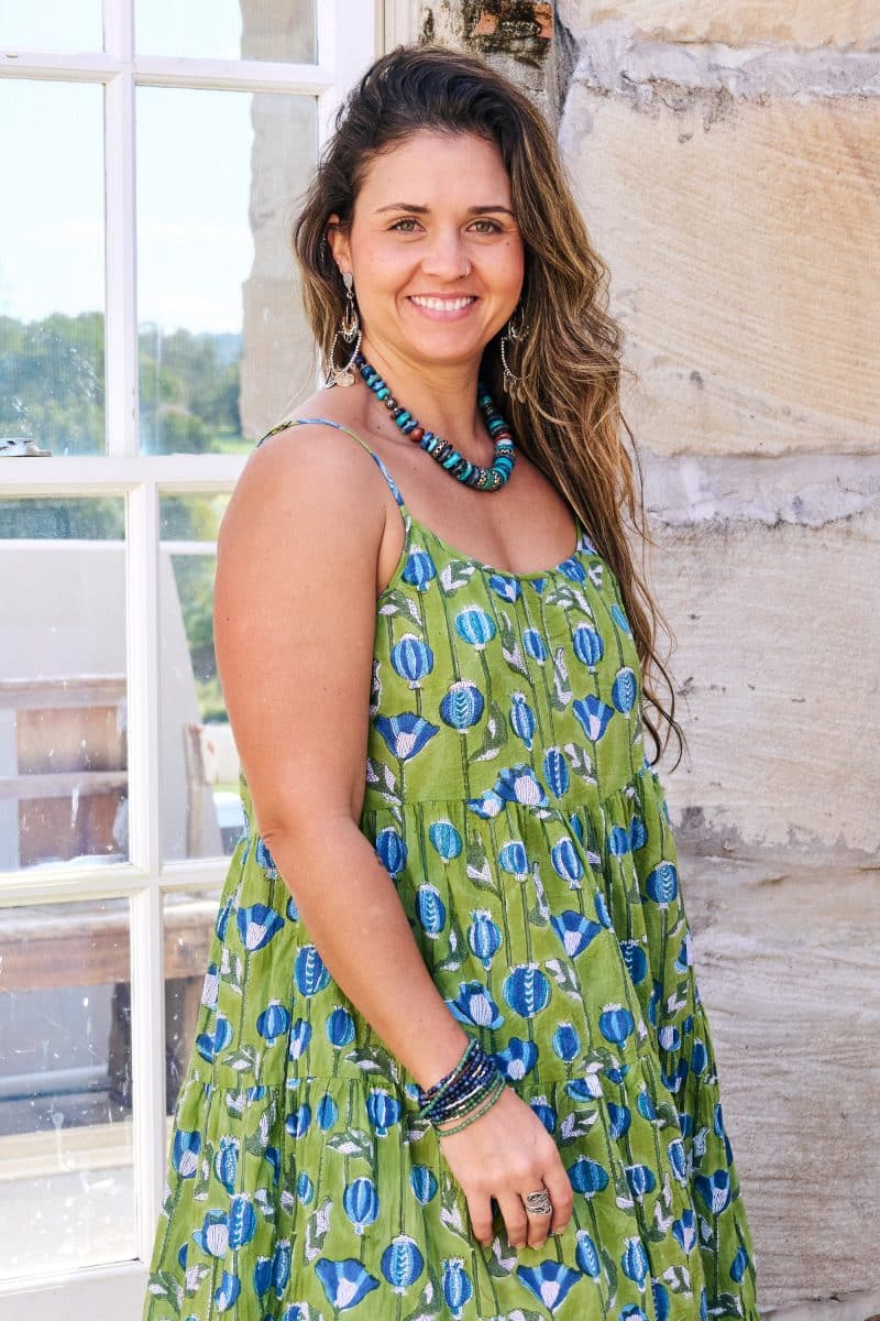Womens, maxi, Sabine Dress, adjustable spaghetti straps, tiered, with belt. 100% Cotton, hand block print. Summer Green - Verde