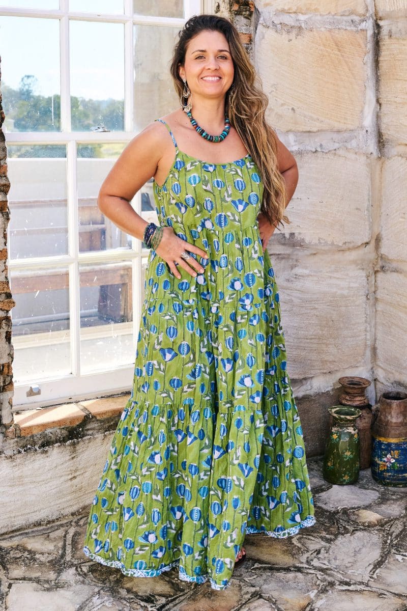 Womens, maxi, Sabine Dress, adjustable spaghetti straps, tiered, with belt. 100% Cotton, hand block print. Summer Green - Verde