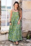 Womens, maxi, Sabine Dress, adjustable spaghetti straps, tiered, with belt. 100% Cotton, hand block print. Summer Green - Verde