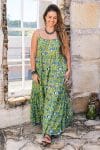 Womens, maxi, Sabine Dress, adjustable spaghetti straps, tiered, with belt. 100% Cotton, hand block print. Summer Green - Verde