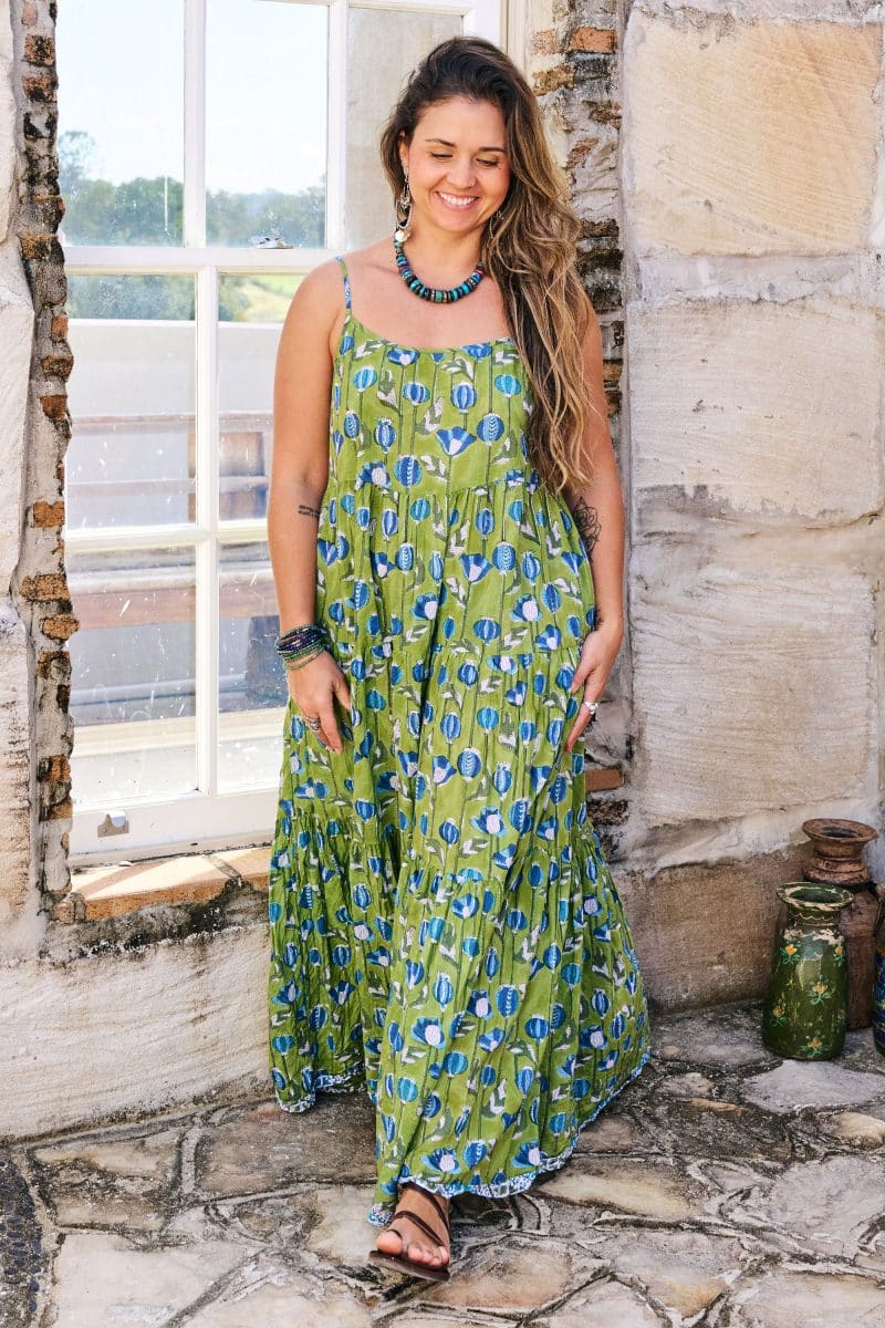 Womens, maxi, Sabine Dress, adjustable spaghetti straps, tiered, with belt. 100% Cotton, hand block print. Summer Green - Verde