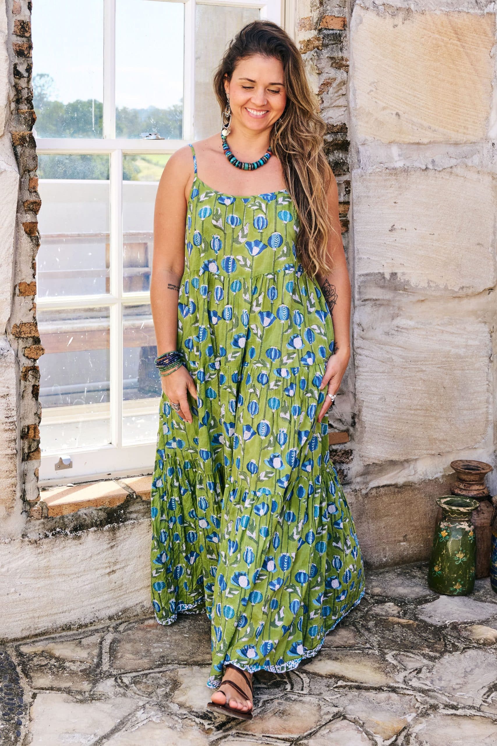 Womens, maxi, Sabine Dress, adjustable spaghetti straps, tiered, with belt. 100% Cotton, hand block print. Summer Green - Verde