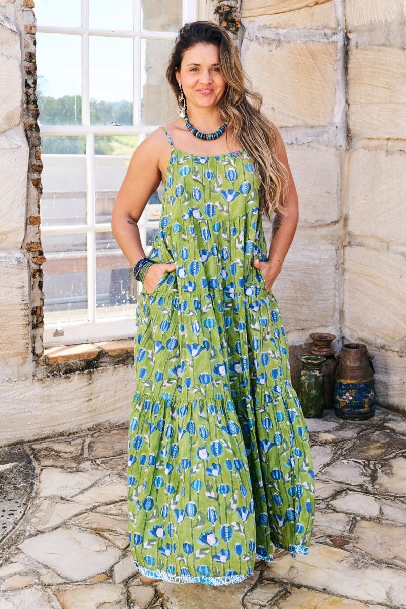 Womens, maxi, Sabine Dress, adjustable spaghetti straps, tiered, with belt. 100% Cotton, hand block print. Summer Green - Verde