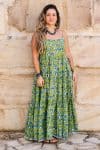 Womens, maxi, Sabine Dress, adjustable spaghetti straps, tiered, with belt. 100% Cotton, hand block print. Summer Green - Verde